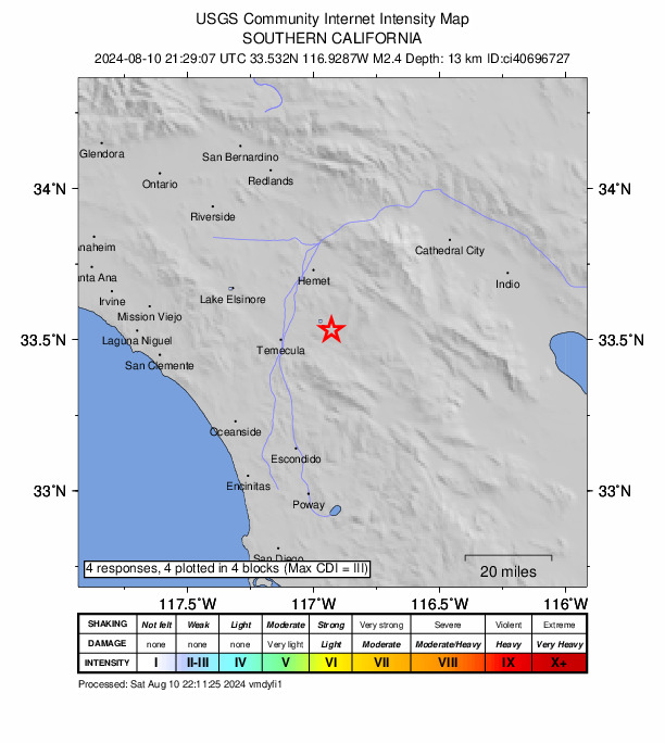 USGS DYFI community-reported intensity map for the M2.1 earthquake near 12 km NNW of Aguanga, CA