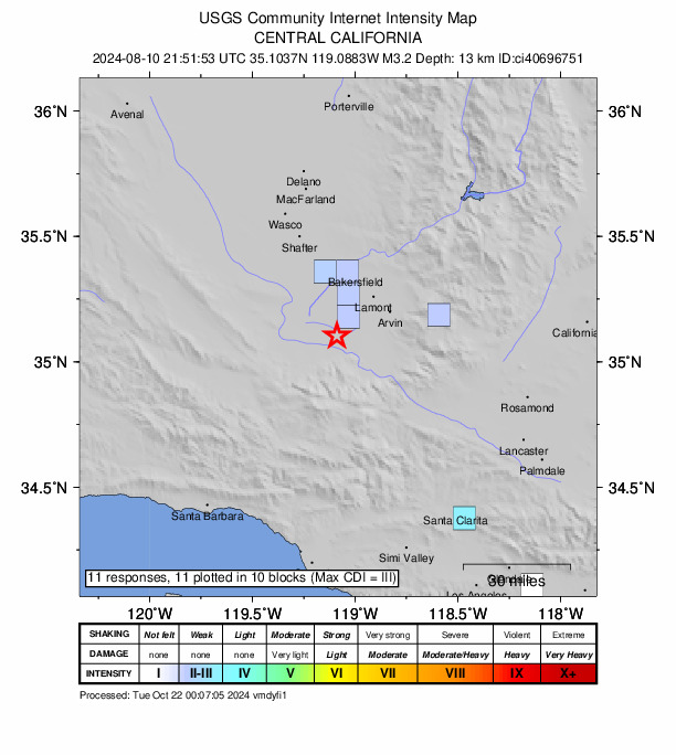 USGS DYFI community-reported intensity map for the M3.2 earthquake near 23 km NW of Grapevine, CA