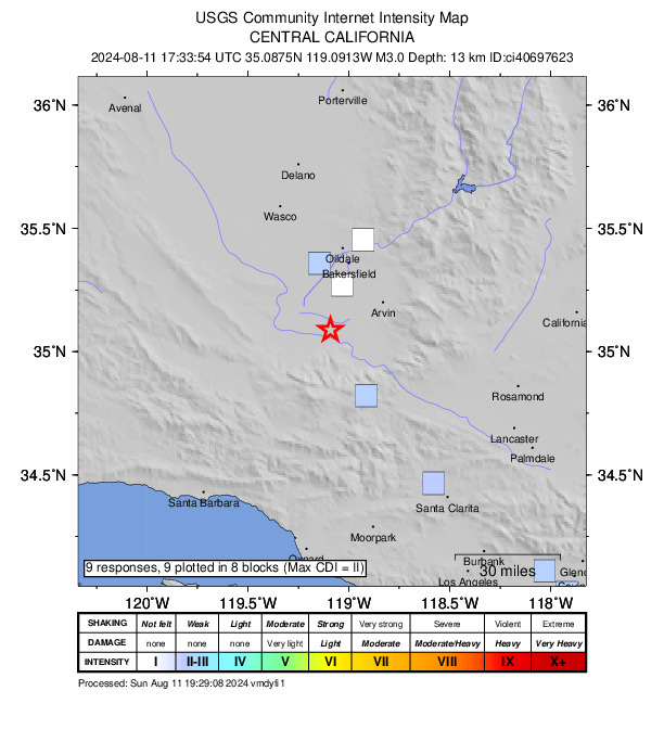 USGS DYFI community-reported intensity map for the M3.0 earthquake near 22 km NW of Grapevine, CA