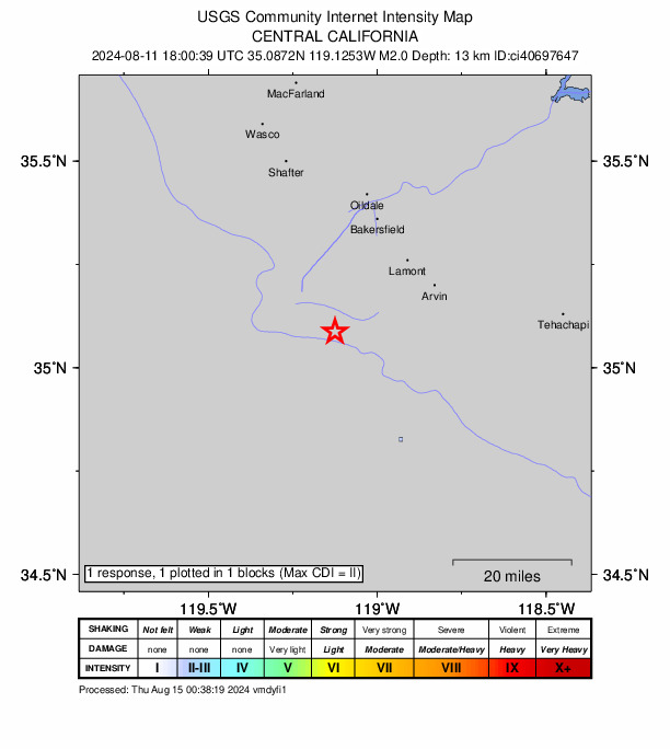 USGS DYFI community-reported intensity map for the M2.0 earthquake near 24 km NW of Grapevine, CA