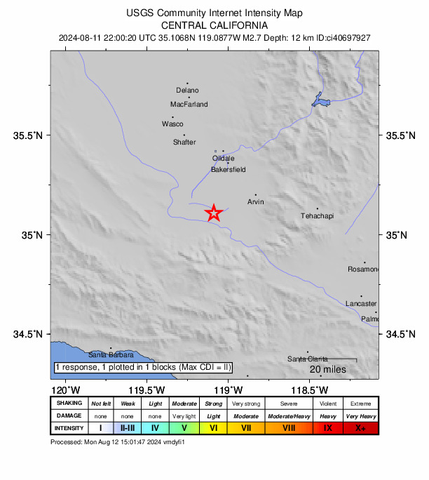USGS DYFI community-reported intensity map for the M2.7 earthquake near 23 km NW of Grapevine, CA