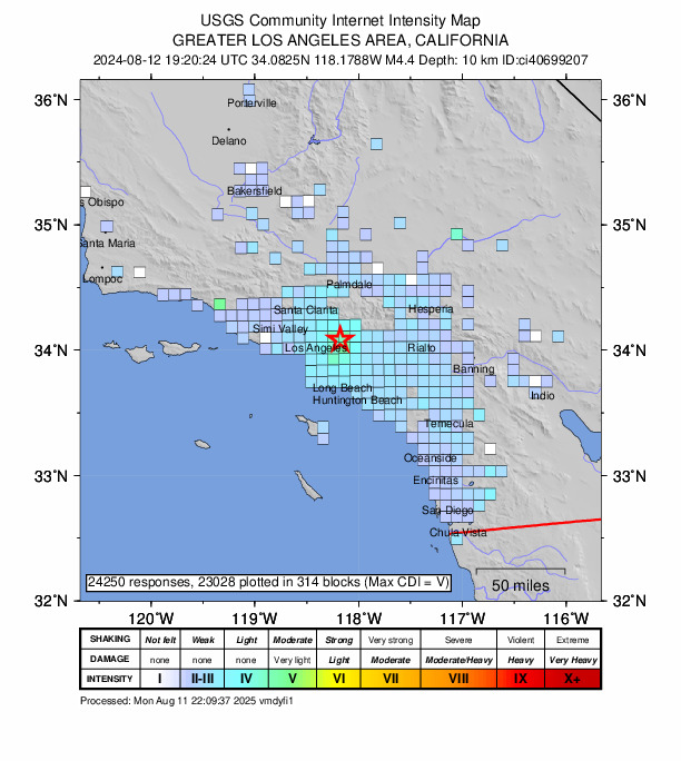 USGS DYFI community-reported intensity map for the M4.4 earthquake near 4 km SSE of Highland Park, CA
