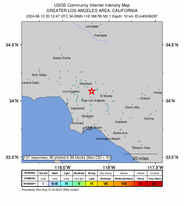USGS DYFI community-reported intensity map for the M2.1 earthquake near 4 km SSE of Highland Park, CA