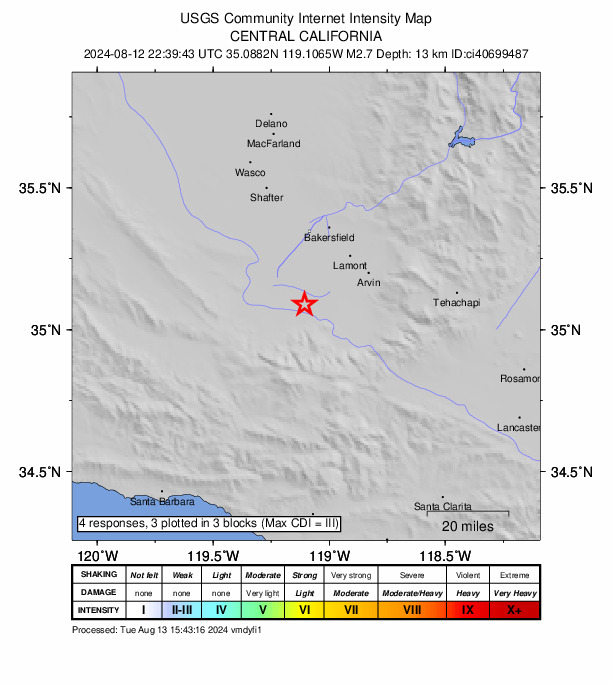 USGS DYFI community-reported intensity map for the M2.7 earthquake near 23 km NW of Grapevine, CA