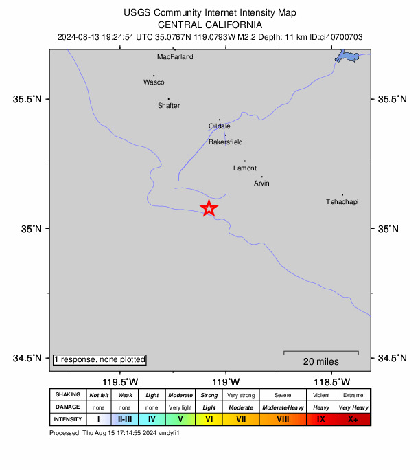 USGS DYFI community-reported intensity map for the M2.2 earthquake near 20 km NW of Grapevine, CA