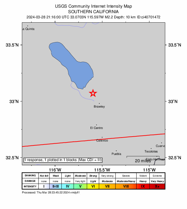 USGS DYFI community-reported intensity map for the M2.2 earthquake near 4 km NNE of Westmorland, CA