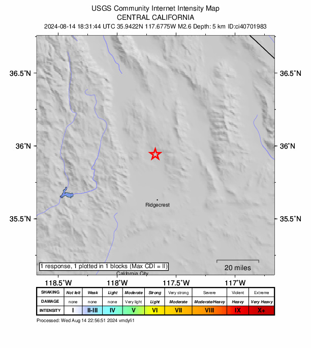 USGS DYFI community-reported intensity map for the M2.6 earthquake near 21 km E of Little Lake, CA