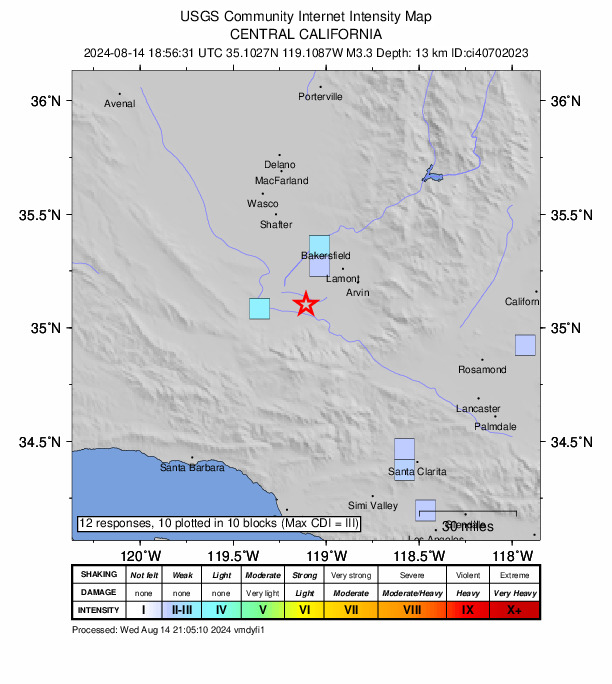 USGS DYFI community-reported intensity map for the M3.3 earthquake near 24 km NW of Grapevine, CA