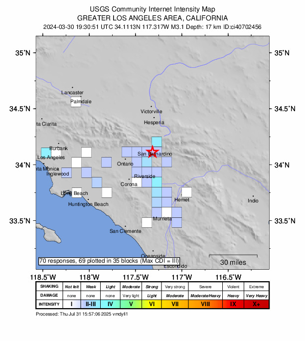 USGS DYFI community-reported intensity map for the M3.1 earthquake near 3 km SW of San Bernardino, CA