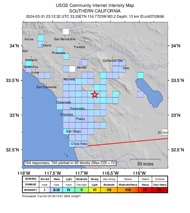USGS DYFI community-reported intensity map for the M3.2 earthquake near 6 km N of Lake Henshaw, CA