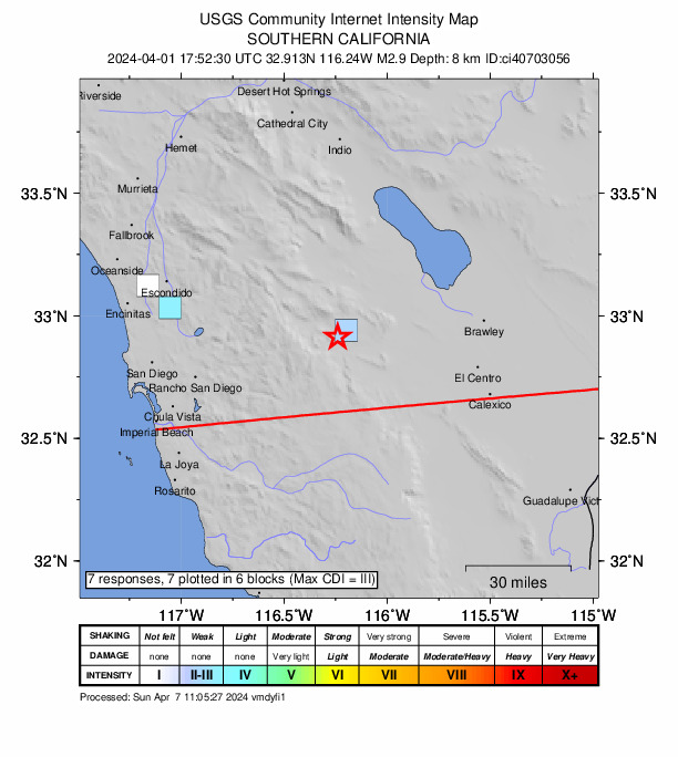 USGS DYFI community-reported intensity map for the M2.9 earthquake near 28 km SSW of Ocotillo Wells, CA