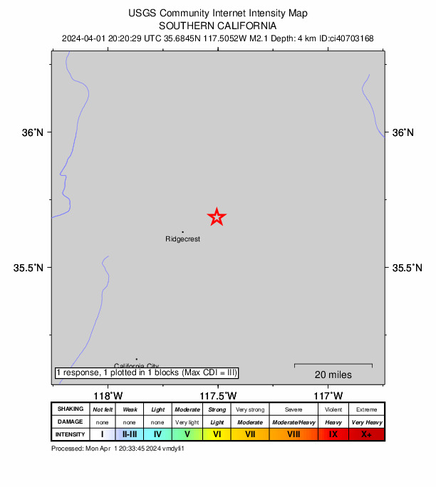 USGS DYFI community-reported intensity map for the M2.1 earthquake near 13 km SW of Searles Valley, CA