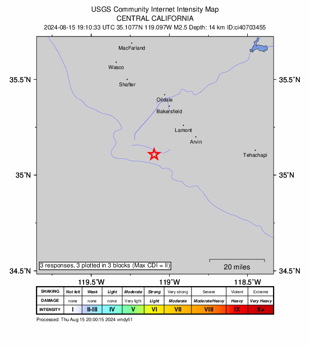 USGS DYFI community-reported intensity map for the M2.5 earthquake near 24 km NW of Grapevine, CA