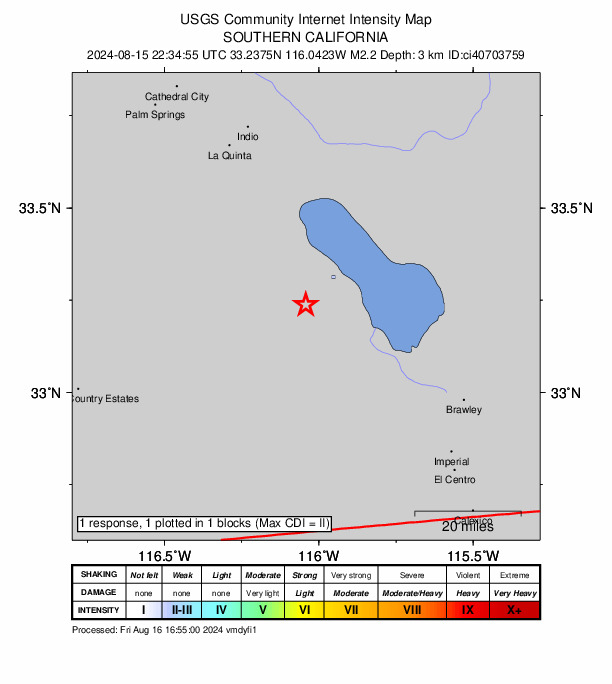 USGS DYFI community-reported intensity map for the M2.2 earthquake near 10 km SW of Salton City, CA