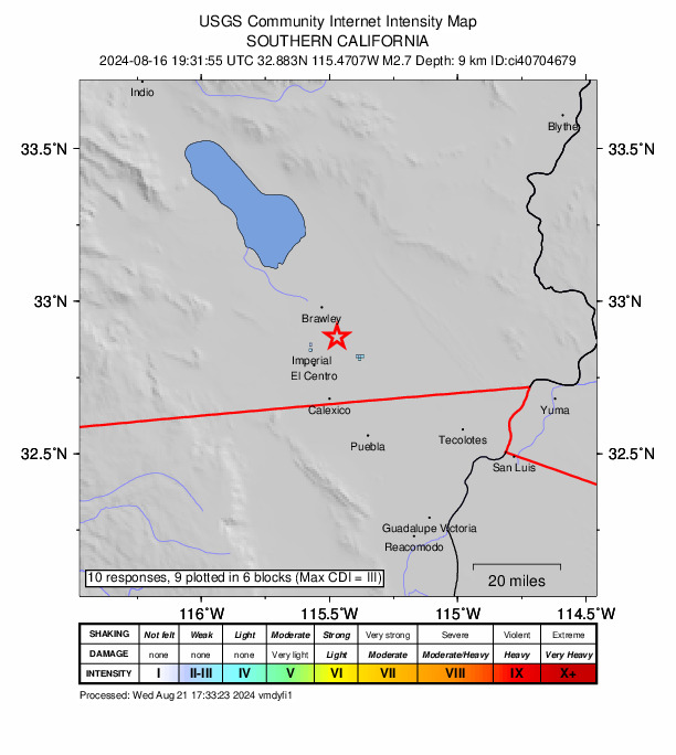 USGS DYFI community-reported intensity map for the M2.7 earthquake near 10 km ENE of Imperial, CA