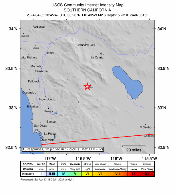 USGS DYFI community-reported intensity map for the M2.6 earthquake near 6 km WNW of Borrego Springs, CA
