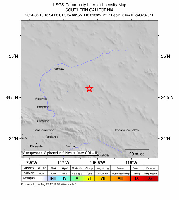 USGS DYFI community-reported intensity map for the M2.7 earthquake near 37 km ENE of Lucerne Valley, CA