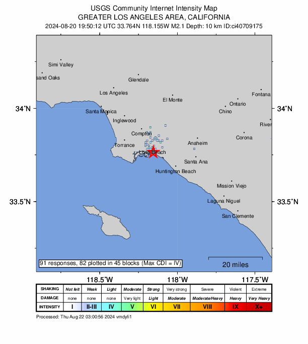 USGS DYFI community-reported intensity map for the M2.1 earthquake near 4 km S of Long Beach, CA