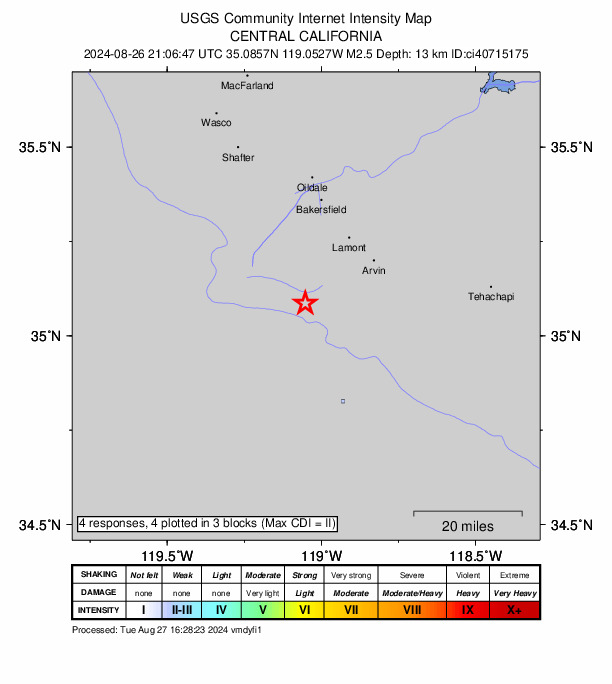 USGS DYFI community-reported intensity map for the M2.5 earthquake near 19 km NW of Grapevine, CA