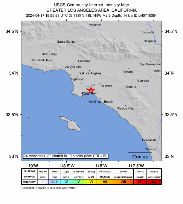 USGS DYFI community-reported intensity map for the M2.6 earthquake near 2 km SSE of Long Beach, CA