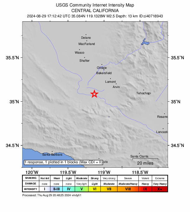 USGS DYFI community-reported intensity map for the M2.5 earthquake near 24 km NW of Grapevine, CA