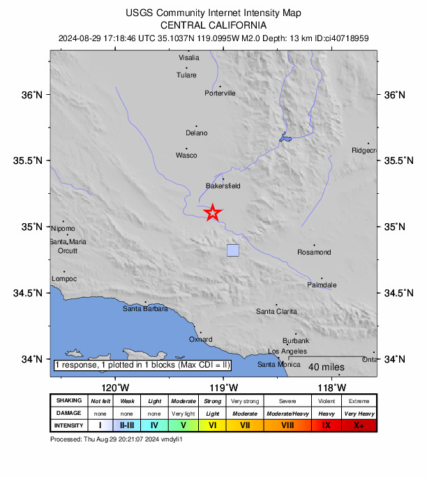 USGS DYFI community-reported intensity map for the M2.0 earthquake near 24 km NW of Grapevine, CA