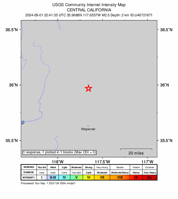 USGS DYFI community-reported intensity map for the M2.5 earthquake near 23 km E of Little Lake, CA