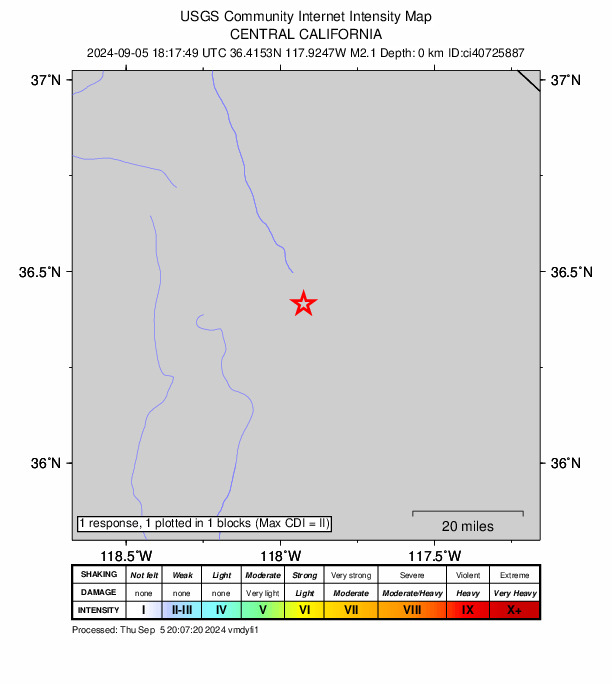 USGS DYFI community-reported intensity map for the M2.1 earthquake near 16 km NNE of Olancha, CA