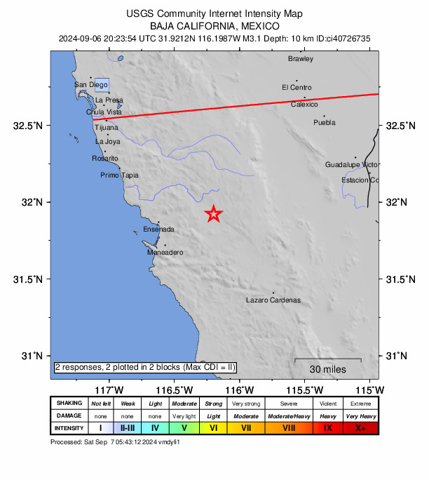 USGS DYFI community-reported intensity map for the M3.1 earthquake near 40 km E of Ensenada, B.C., MX