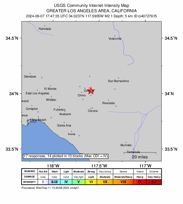 USGS DYFI community-reported intensity map for the M2.1 earthquake near 5 km SE of Ontario, CA