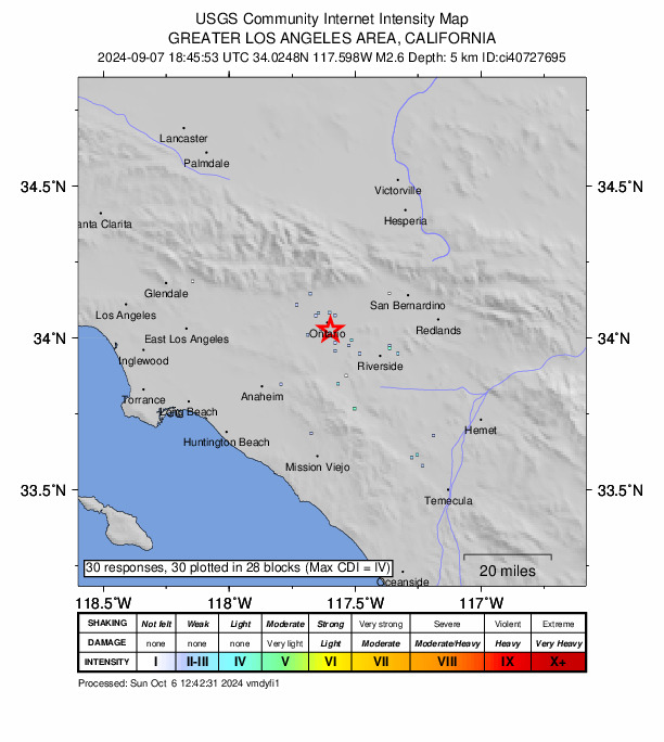 USGS DYFI community-reported intensity map for the M2.6 earthquake near 4 km SE of Ontario, CA
