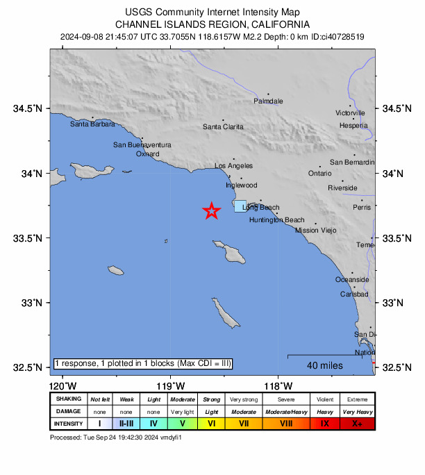 USGS DYFI community-reported intensity map for the M2.2 earthquake near 22 km WSW of Rancho Palos Verdes, CA