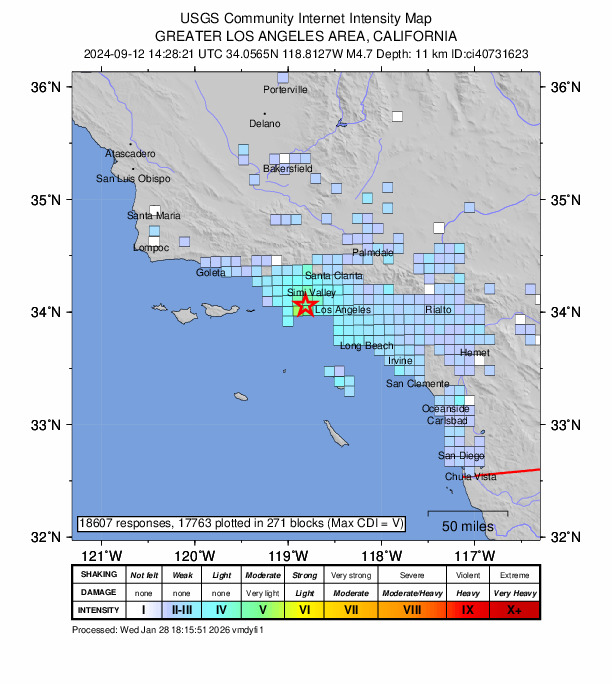 USGS DYFI community-reported intensity map for the M4.7 earthquake near 6 km N of Malibu, CA