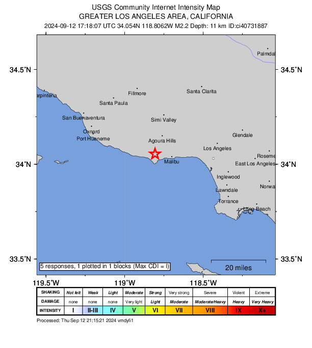 USGS DYFI community-reported intensity map for the M2.2 earthquake near 6 km N of Malibu, CA