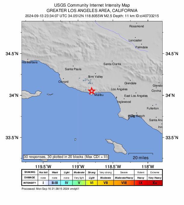 USGS DYFI community-reported intensity map for the M2.5 earthquake near 5 km N of Malibu, CA