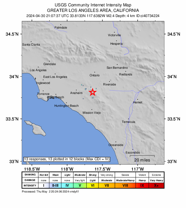 USGS DYFI community-reported intensity map for the M2.4 earthquake near 9 km SW of Corona, CA