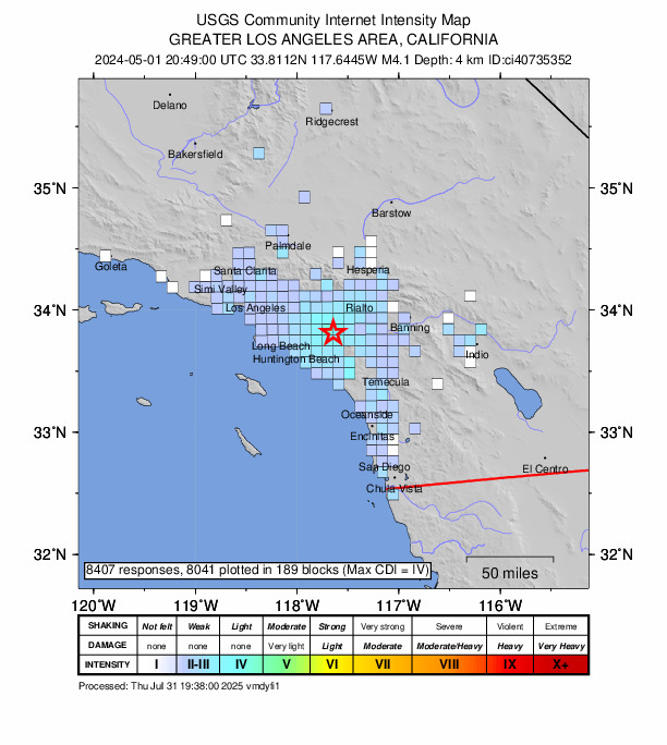 USGS DYFI community-reported intensity map for the M4.1 earthquake near 10 km SW of Corona, CA