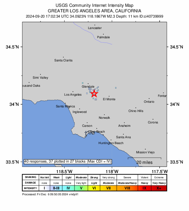 USGS DYFI community-reported intensity map for the M2.3 earthquake near 3 km SSE of Highland Park, CA