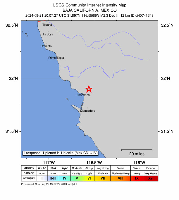 USGS DYFI community-reported intensity map for the M2.3 earthquake near 7 km ENE of Ensenada, B.C., MX