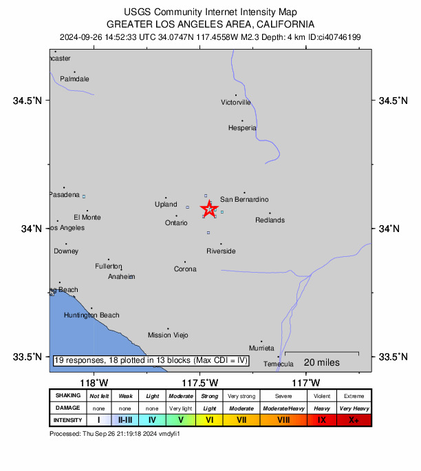 USGS DYFI community-reported intensity map for the M2.3 earthquake near 3 km S of Fontana, CA