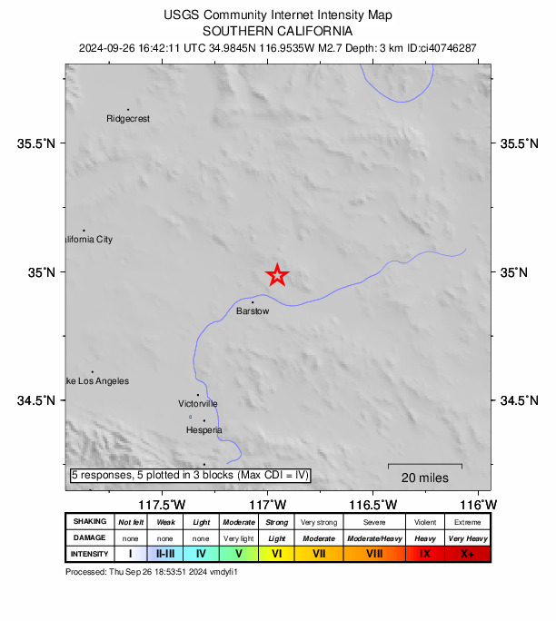 USGS DYFI community-reported intensity map for the M2.7 earthquake near 12 km NNE of Barstow, CA