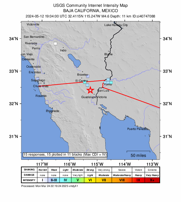 USGS DYFI community-reported intensity map for the M4.6 earthquake near 8 km NW of Delta, B.C., MX