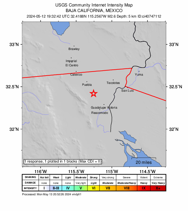 USGS DYFI community-reported intensity map for the M2.6 earthquake near 9 km NW of Delta, B.C., MX