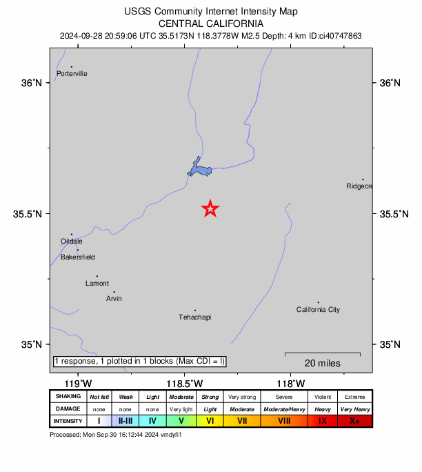 USGS DYFI community-reported intensity map for the M2.5 earthquake near 13 km SE of Bodfish, CA