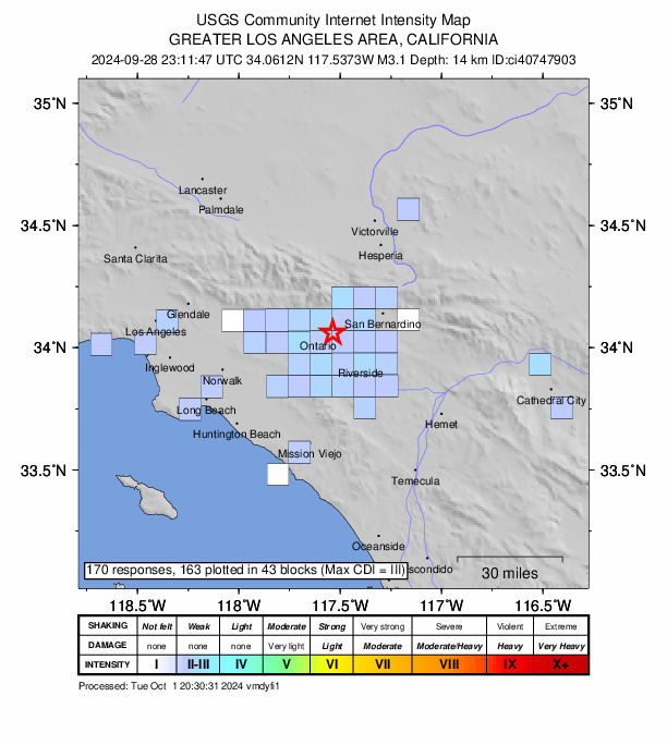 USGS DYFI community-reported intensity map for the M3.1 earthquake near 7 km NW of Glen Avon, CA