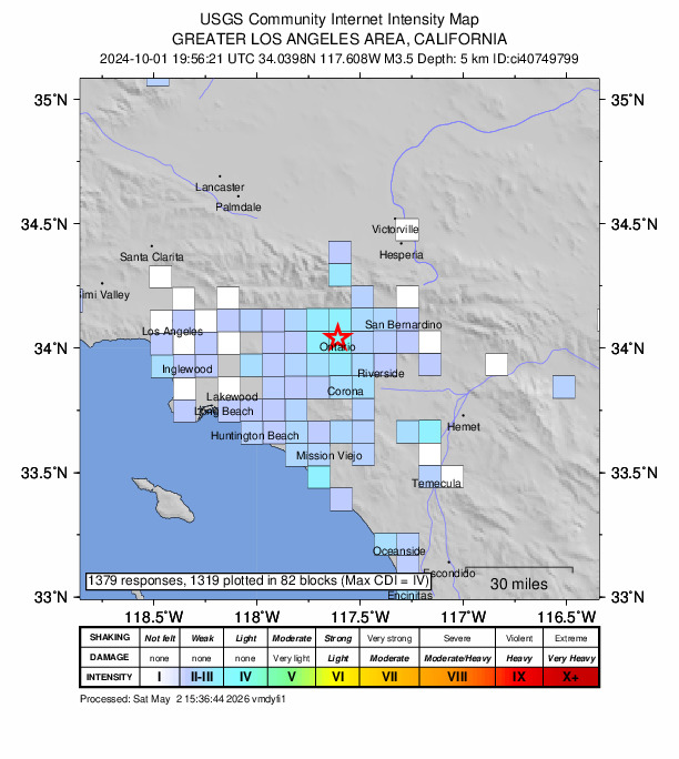 USGS DYFI community-reported intensity map for the M3.5 earthquake near 2 km SE of Ontario, CA