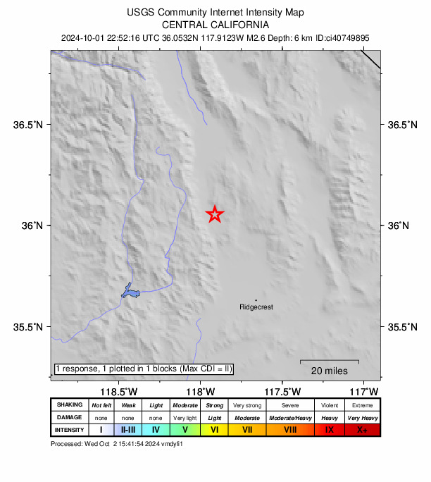 USGS DYFI community-reported intensity map for the M2.6 earthquake near 3 km ENE of Coso Junction, CA