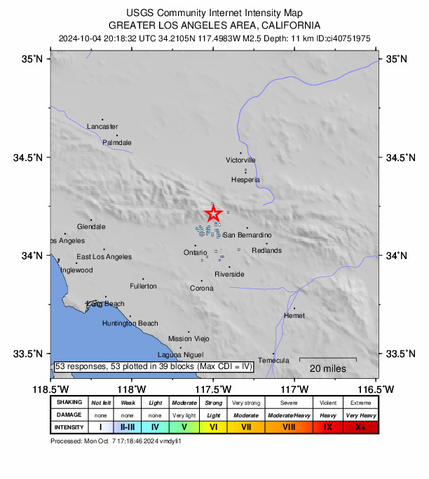 USGS DYFI community-reported intensity map for the M2.5 earthquake near 5 km S of Lytle Creek, CA