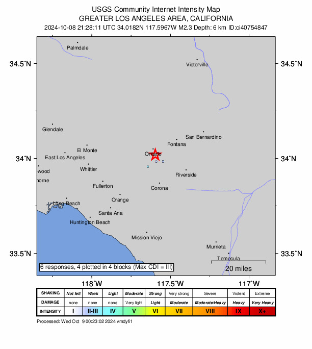 USGS DYFI community-reported intensity map for the M2.3 earthquake near 5 km SE of Ontario, CA