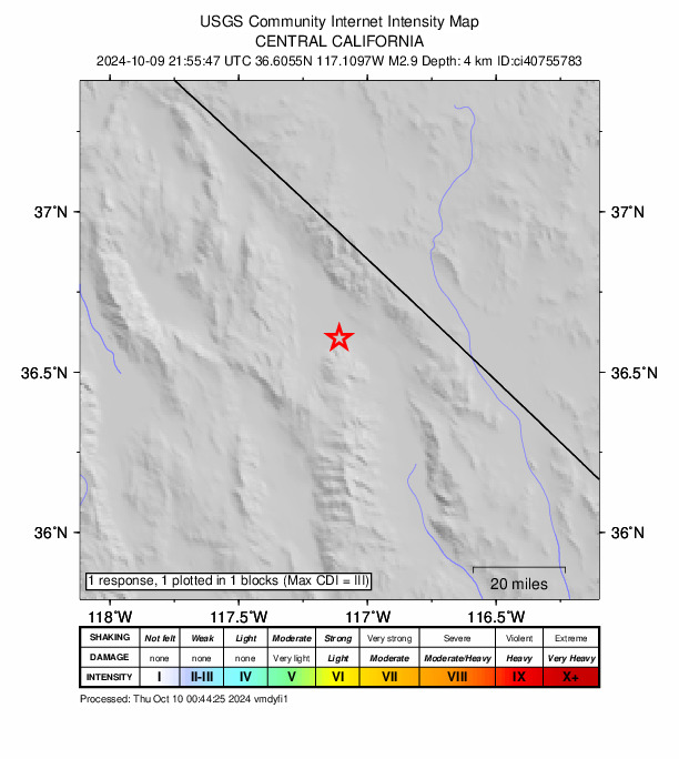 USGS DYFI community-reported intensity map for the M2.9 earthquake near 4 km E of Stovepipe Wells, CA